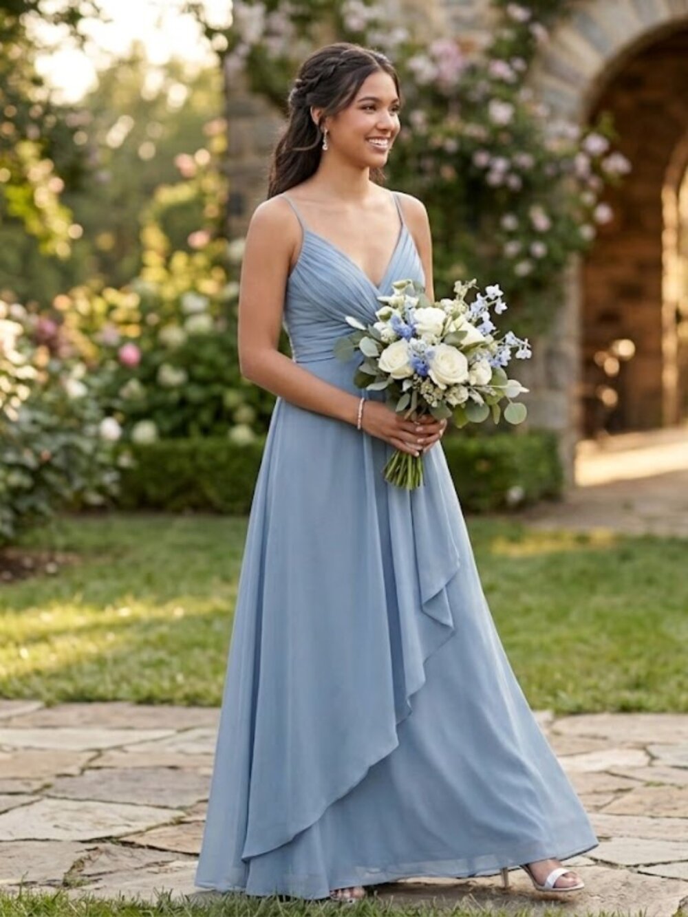 Christina Wu Slate blue Maxi Chiffon V-Neck- size 4
